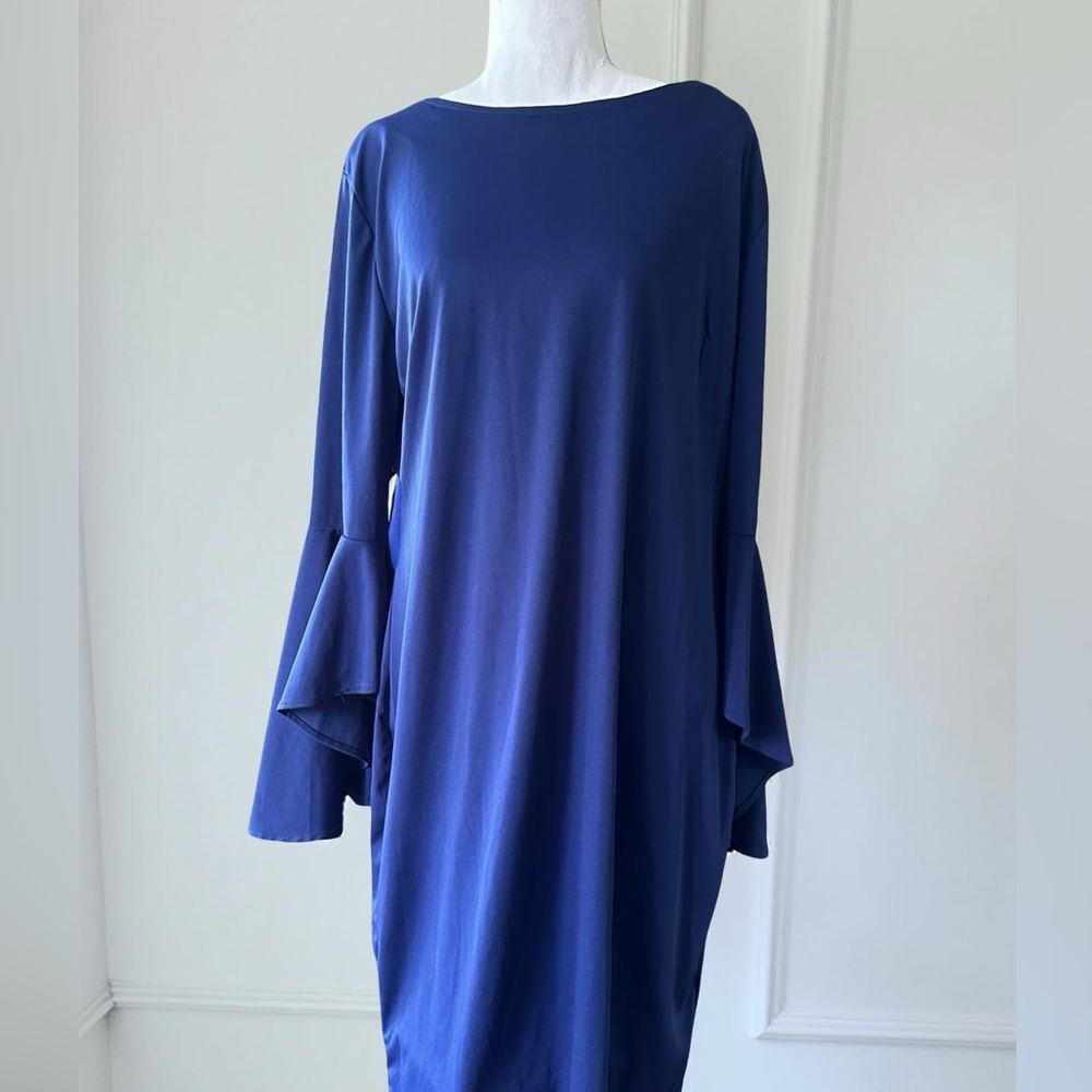Haute Blue Long Sleeve Bell Sleeve Cocktail Dress (YT7)